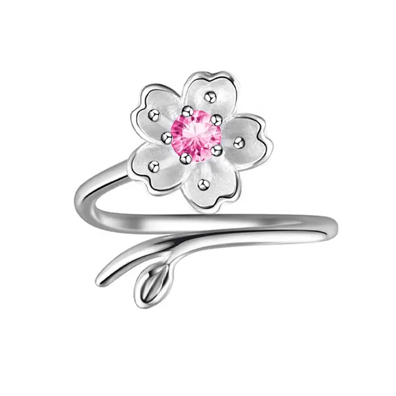 AELNEN 925 Silver Jewelry - Cherry Blossom Ring for Women - Adjustable Size Wedding Engagement Party Gift Charm - Elegant Cherry Blossom Design