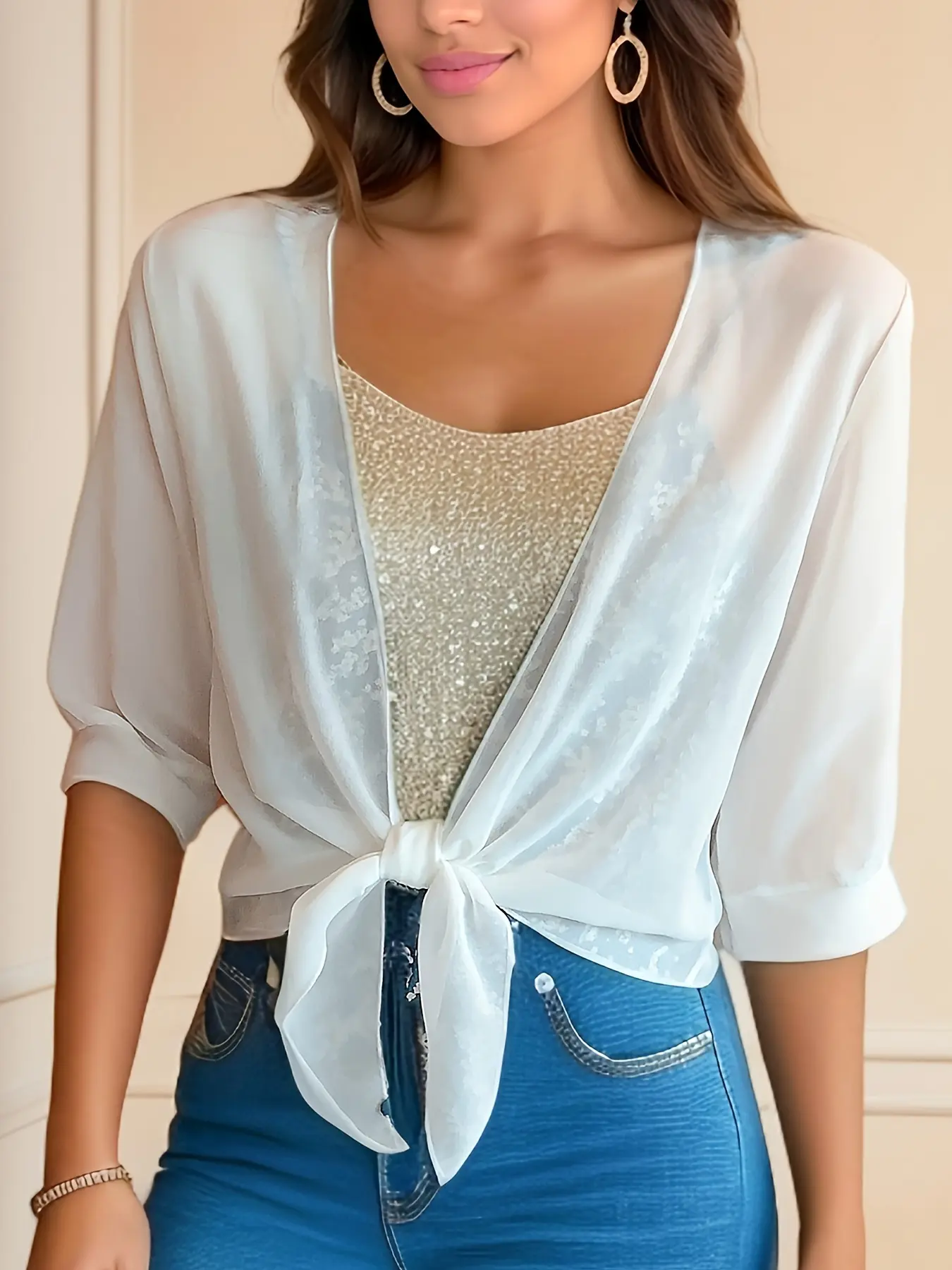 Women's Summer Solid Color Chiffon Cardigan - Half-Sleeve Short Tie-Knot Open-Front Shrug, Ultra-Thin Lightweight Sheer Sunscreen Cover-Up for Dresses, V-Neck, Blouse, Sunscreen Cover Ups, Basic