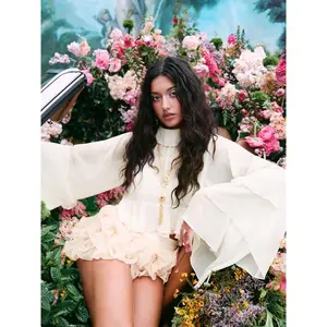 Cider Chiffon High Neck Ruffle Dolman sleeve See-Through Crop Blouse