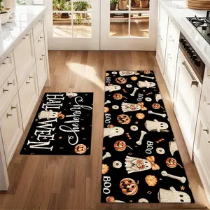 2Pcs Halloween Ghost Skull Pumpkin Lantern Floor Mat Set Farmhouse Kitchen Rug Dining Room Flooring Laundry Room Decor Carpet Mat