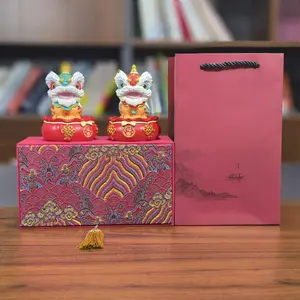 Oriental Lion Guardian Resin Figurine Pair, Colorful Base with Auspicious Patterns, Traditional Home Decor and Gift Item
