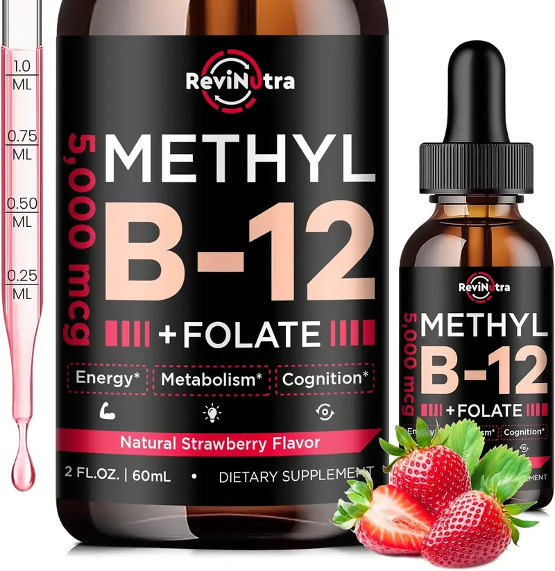 ReviNutra Vitamin B12 Drops Sale | 5000mcg B-Complex with Methylcobalamin, Folate & B6 – 2oz Vegan Strawberry for Energy & Heart Health