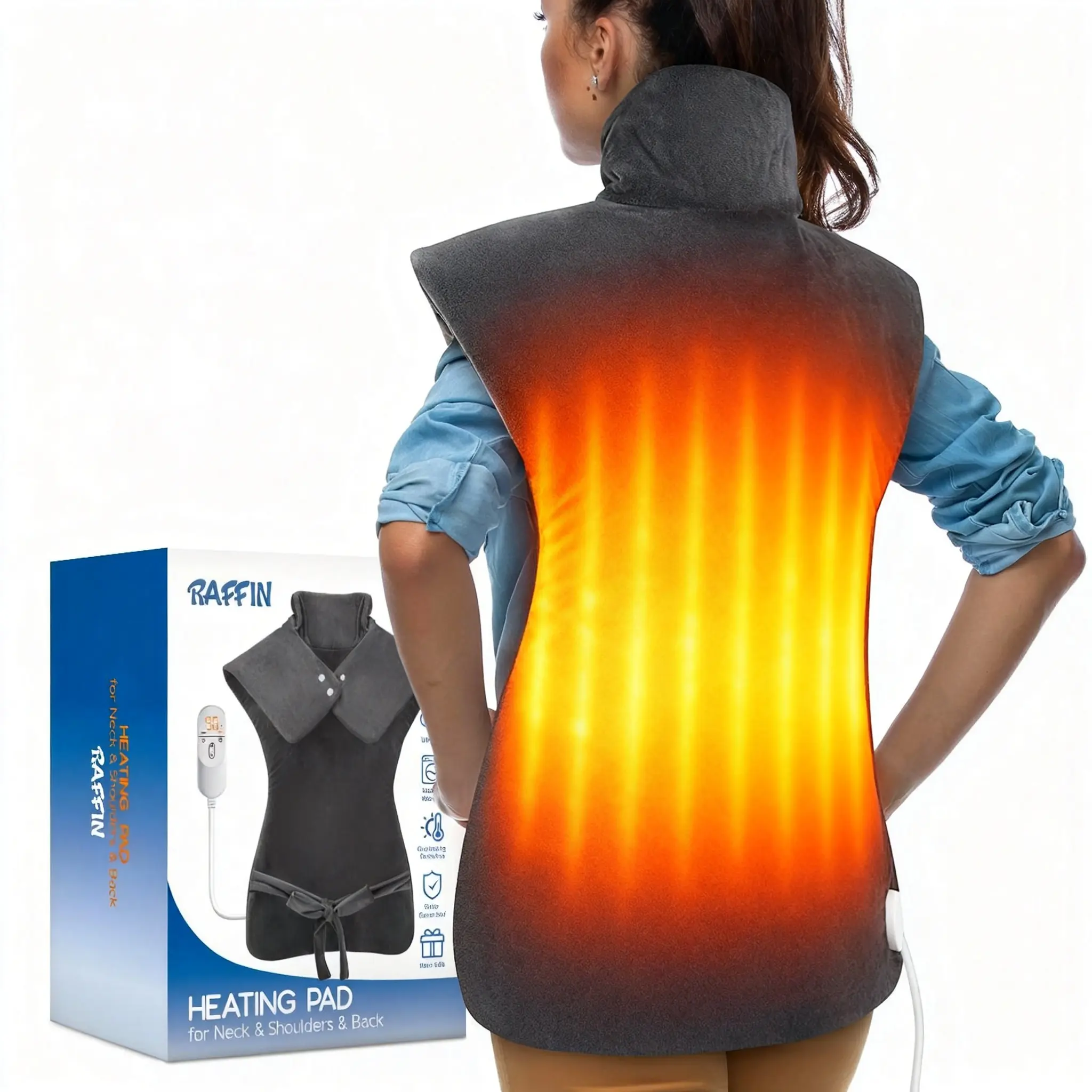 RAFFIN XL Reusable Heating Pad for Full-Body Pain Relief, 24x37" Wearable Hot Compress with 6 Heat Settings and Auto Shutoff, Machine Washable, Hot Compress Heat Pad, Multifunctional Heating Pad