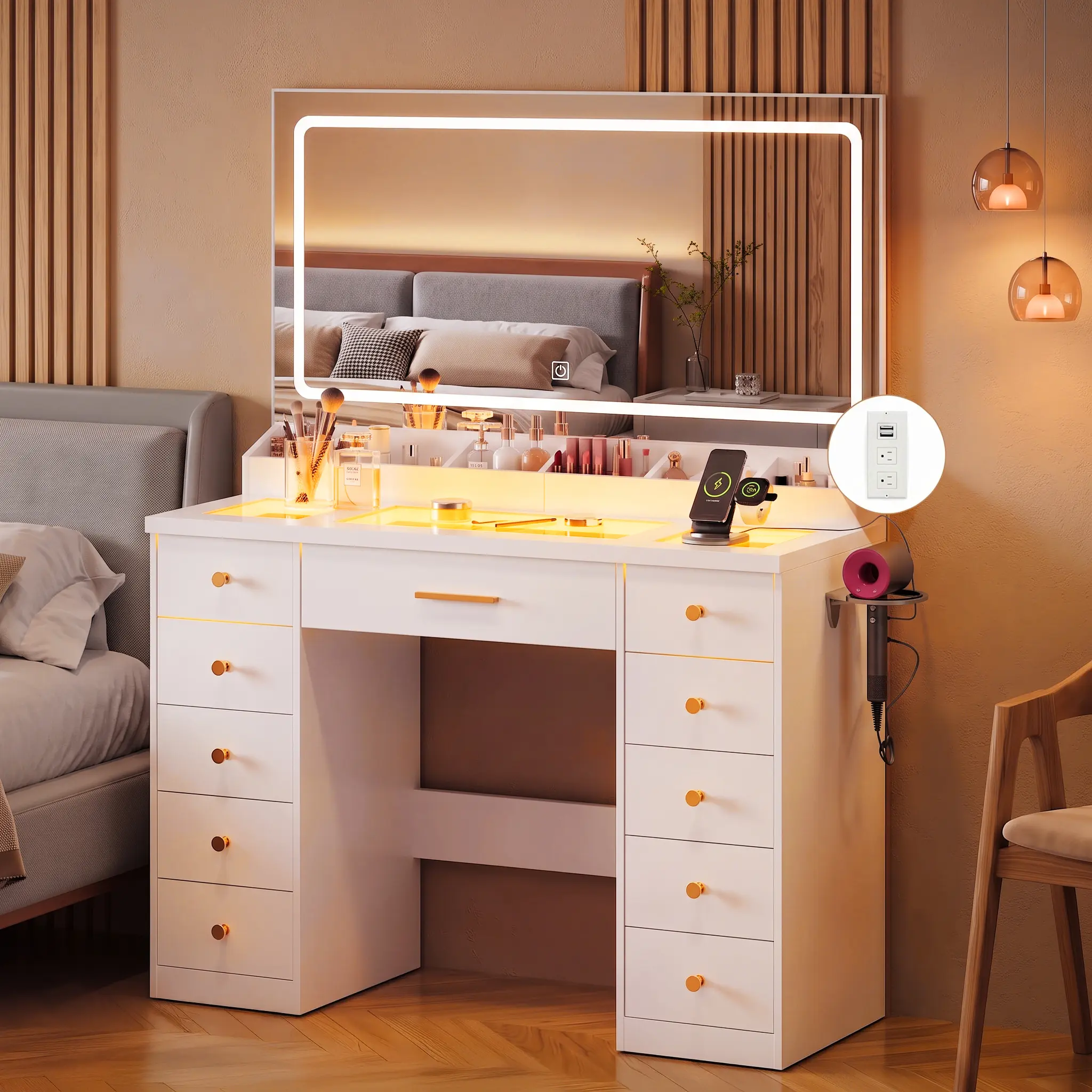 LAKEMID Modern Makeup Table - 58" Rectangular Light Up Desktop Vanity Table, Glass Top, RGB Lighting, 3 Color LED Modes, 11 Drawers, Power Outlet, Requires Assembly for Women's Bedroom, White Transparent