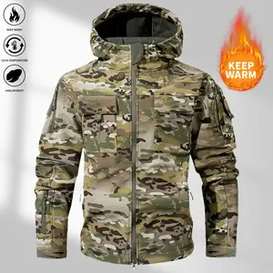 Men's Camouflage Military Jungle Tactical Jacket with Wool Lining, Windproof Cold-Resistant Softshell Winter Coat, Multi-Pocket Design, Winter Warmth Wool Lining Outdoor Long Sleeve Hooded Lightweight Multi-Pocket Medium Size