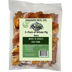 Exquisite Pets 5-Pack of Roasted Pig Ears for Dogs-Bulk All Natural, Brazilian Single-Ingredient Chews! Safe & Digestible-Full-Size Ears! Cleans Teeth & Gums. Aggressive Chewers. Treats for Dogs
