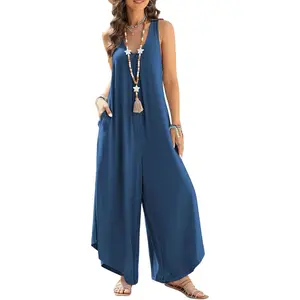 Women's Jumpsuits Loose Overalls Summer Sleeveless Ruched V Neck Flared Wide Leg Pants Rompers with Pockets Soft Casual Fit