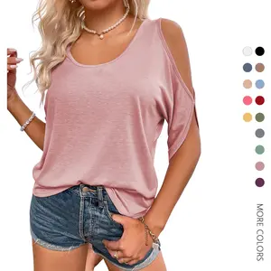 Danedvi Women Cold Shoulder Tops Summer Short Sleeve Shirt Scoop Neck Tee Casual Loose Fitting Solid Color Tunic Top Cute Basic