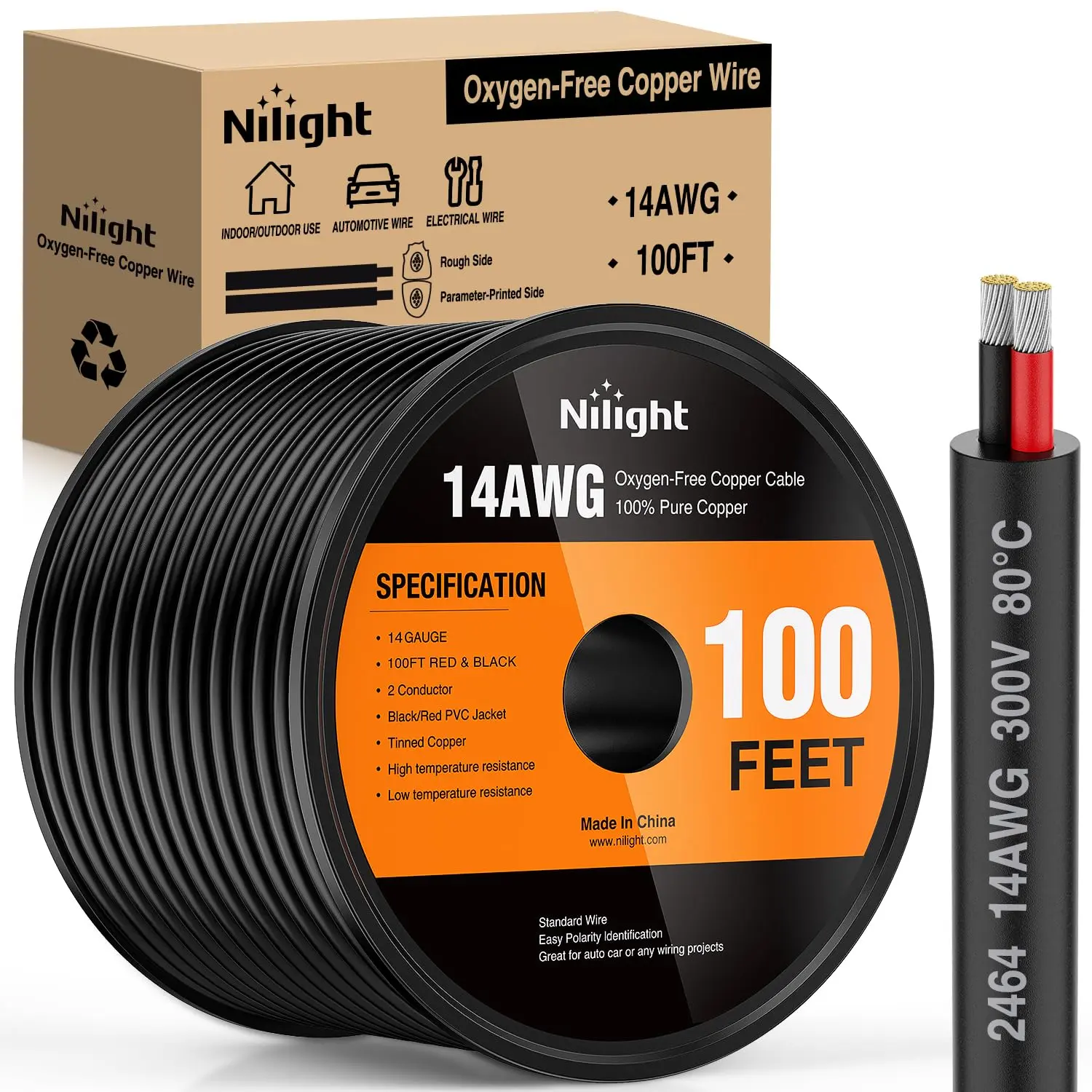 Nilight 100FT 14AWG Oxygen-Free Copper Heavy Wire, Red-Black Stranded PVC 2-Conductor Parallel Cord, 300V DC Safe Flexible Extension Cable for LED Strips, Automotive Lights Installation
