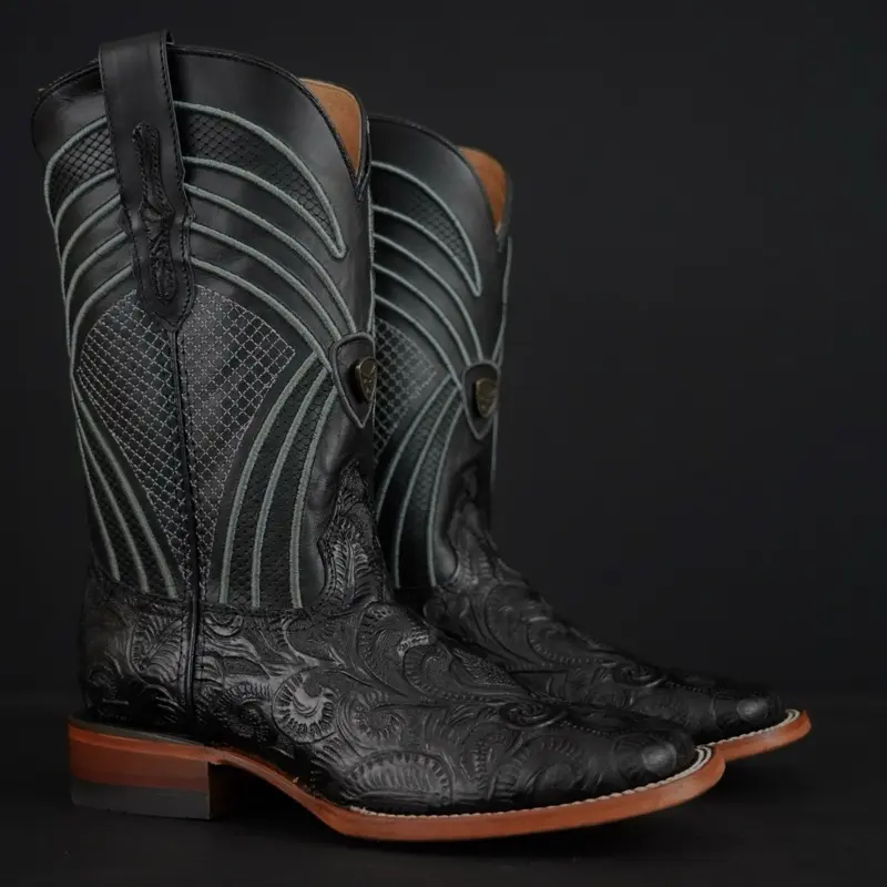 080 Hand Tooled Black Print Western Patron Boots Botas Para Bailar Vaquero Mens Ranch Cuero