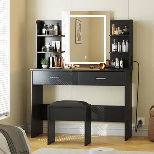 【GARVEE】Vanity Desk with Lighted Mirror and Adjustable Brightness, Makeup Vanity Set with Desk, Chair, Power Outlet, 6 Storage Shelves, 2 Large Drawers, Cushioned Stool, Available in Black, White, and Pink