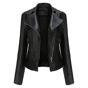 Women’s Edgy Chic Long-Sleeve Motorcycle Biker Jacket with Lapel Collar, All-Season Outerwear Biker Clothing, Motorcycle Riding Gear, Sleek Textured Finish Streetwear Style Plus Sizes Black/Red/Camel S–2XL