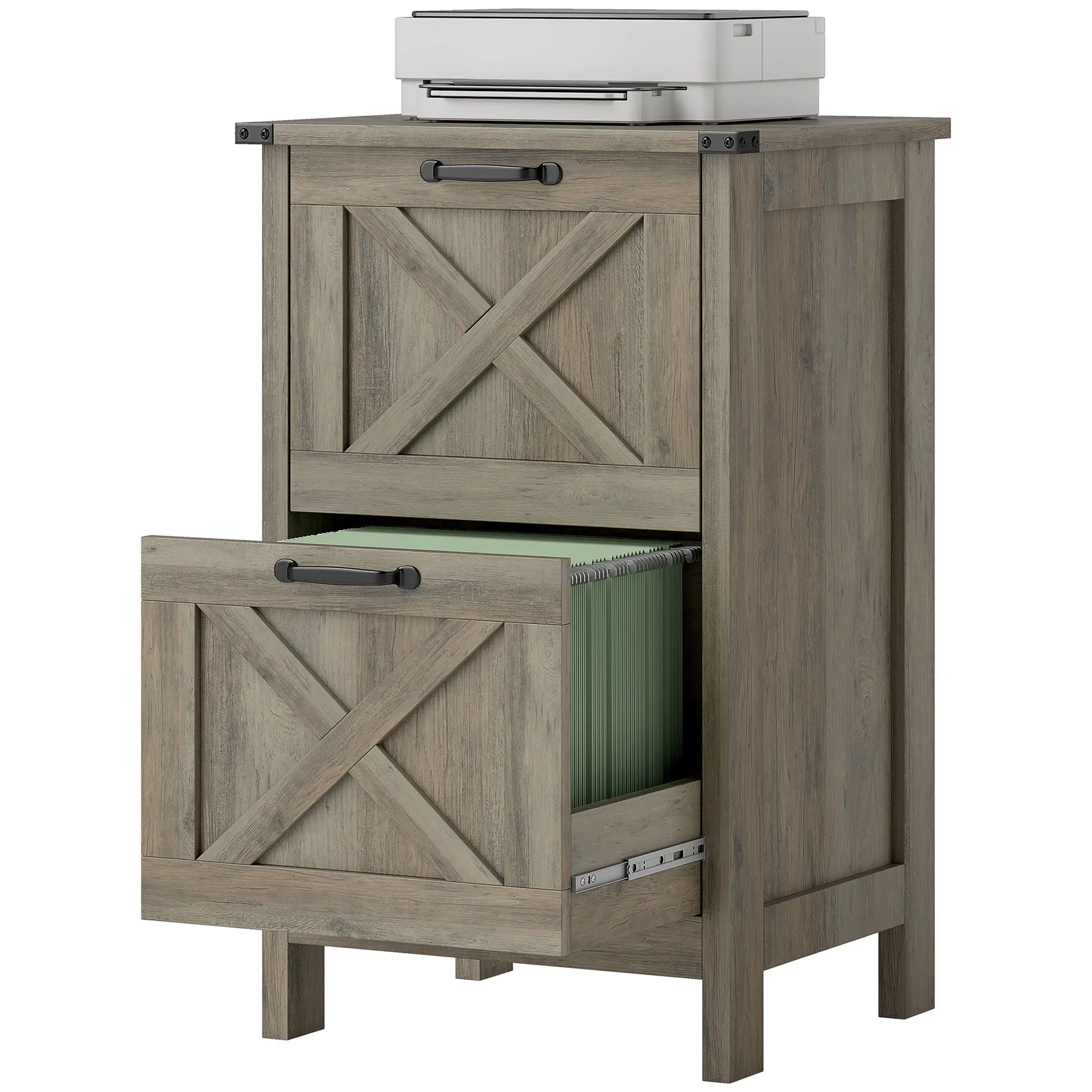Vertical File Cabinet with 2 Drawers Rustic Farmhouse Office Storage Cabinet for A4 Letter Size Distressed Gray Barn Door Design for Home Office Study Nook