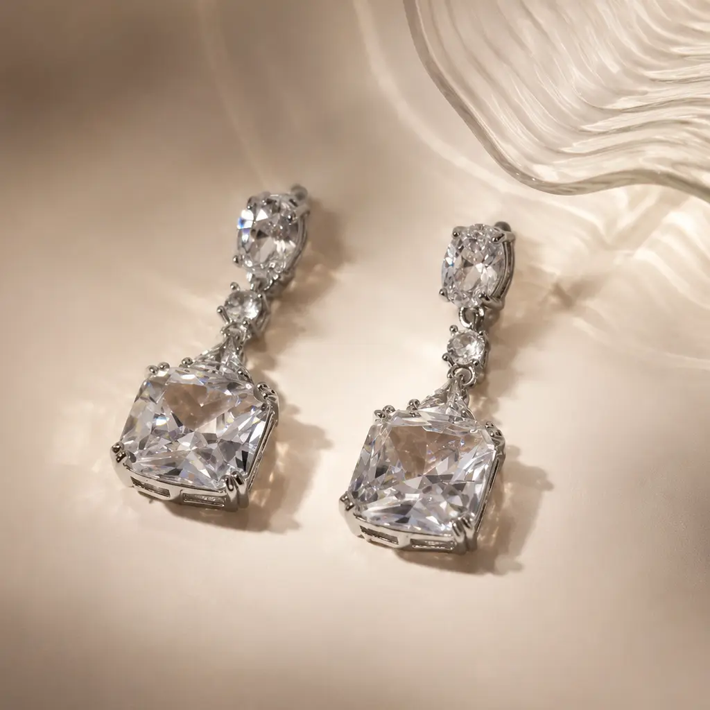 Princess-Style CZ Dangle Earrings with CZ Accents - Silver Glow, Red-Carpet Shine for Formal Occasions