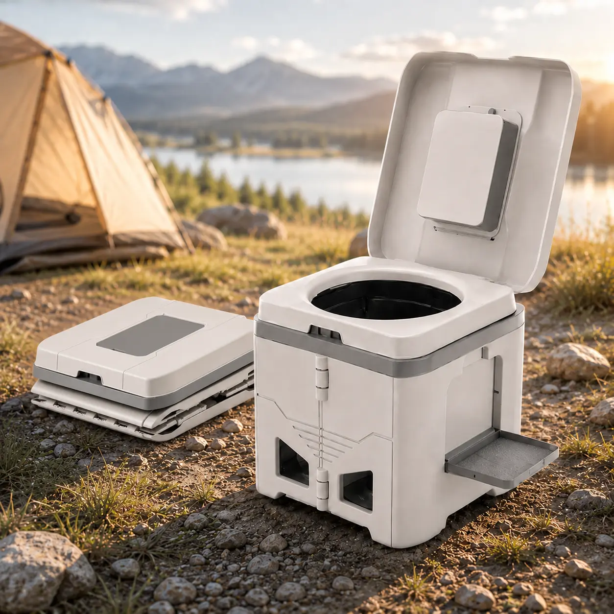 Portable Camping Toilet, Foldable for Adults with Phone Shelf and Toilet Paper Holder, Waterproof Porta Potty with Lid for Camping, Hiking, RV Travel, RoadTrips