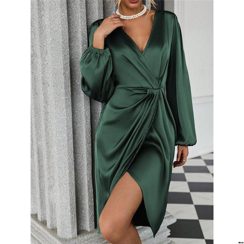 Dress satin hem body sleeve wrap lantern Clasi SHEIN