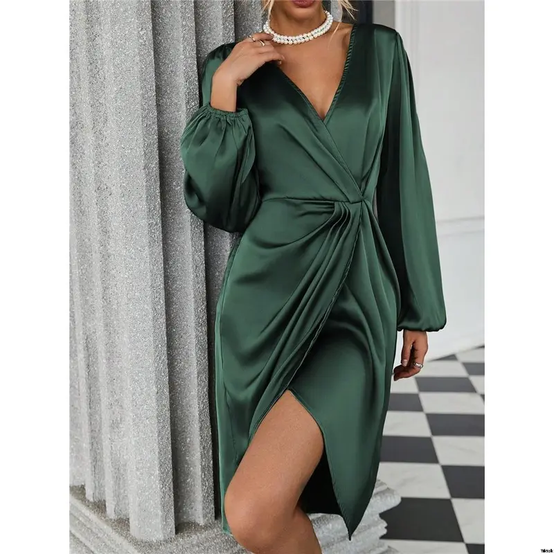 Dress satin hem body sleeve wrap lantern Clasi SHEIN