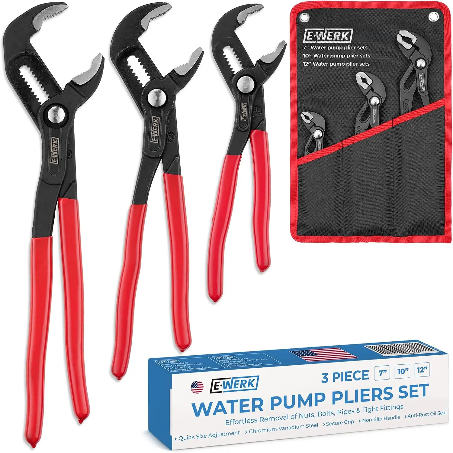 EFFEKTWERK - 3-Pc Water Pump Pliers Set - 7", 10", 12" - Non-Slip Plumbers Wrench - Tongue & Groove Pliers - Pipe Grips w/Adjustable Jaws & Ergonomic Handles