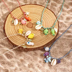 Summer Ocean Style Shell Starfish Necklace, Colorful Rope Ceramic Pendant Boho Vacation Necklace
