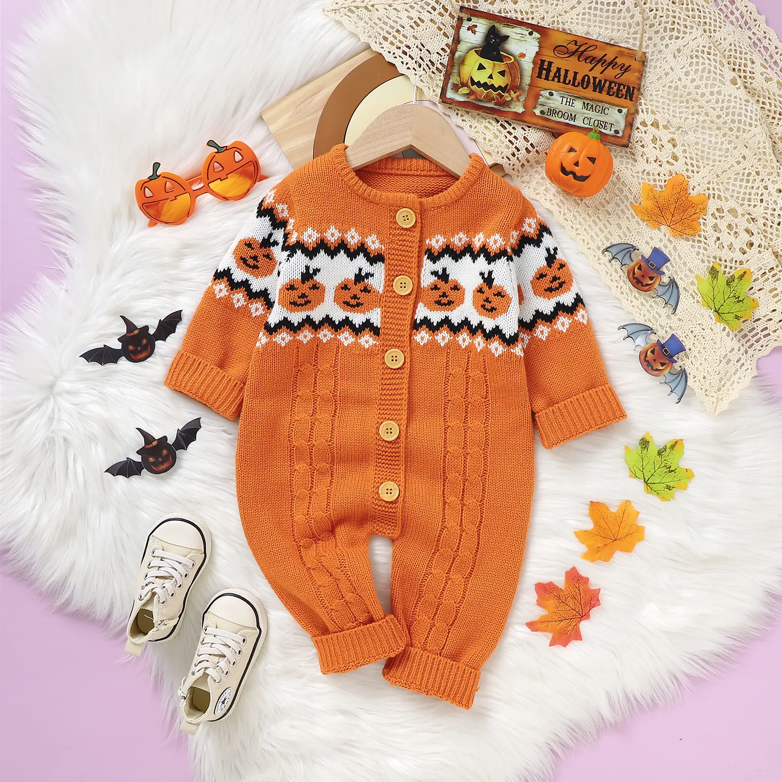 Baby Knit Sweater Rompers Halloween Pumpkin Print Button Long Sleeve Jumpsuit for Newborn Infant Cute Fall Clothes