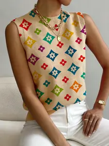 Women's Geometric Pattern Colorblock Fitted Sweater, Casual Sleeveless Knit Top, Comfortable Warm Clothing for Spring Summer Fall, Knitwear, Color Block Tank, Womenswear
