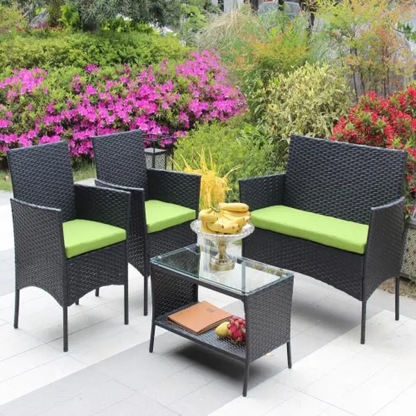 4-Piece Outdoor Patio Furniture Set, Wicker Rattan Chairs & Sofa with Cushions and Glass Coffee Table, Conversation Set for Backyard, Lawn, Porch, Pool, Garden(green Cushion)