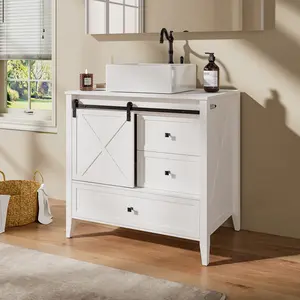 VNN Bathroom Vanity with Sink - 36 Inch Bathroom Vanity with Sink Ceramic, Freestanding Cabinet with Farmhouse Sliding Barn Door and 3 Drawers, Space-Saving Storage Cabinet, Wood Grain Texture, White