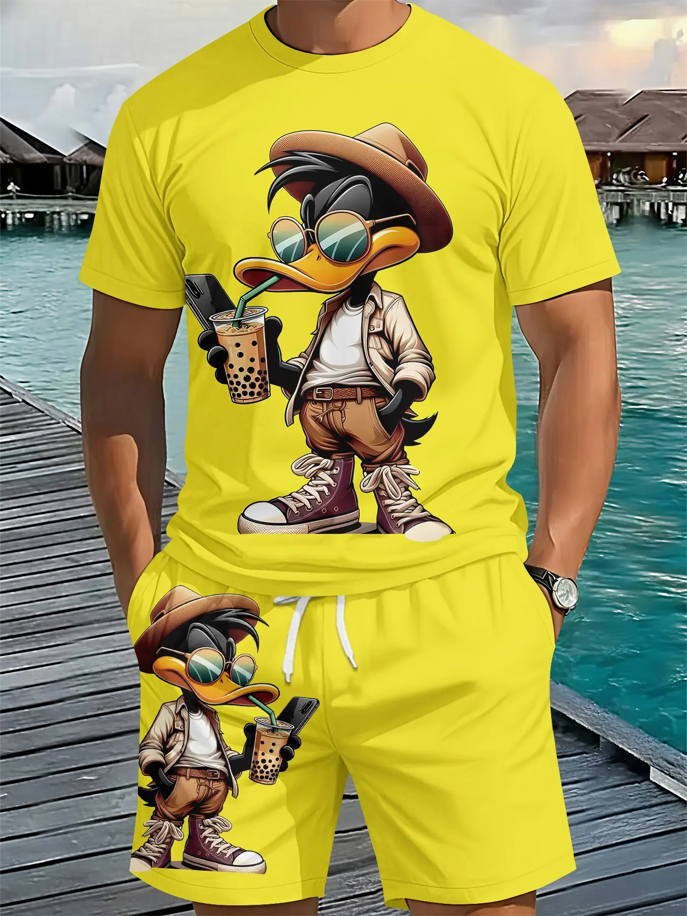 Trendy Duck Yellow Background Fun Matching 3D Digital Printing Two-Piece Set, Athletic Clothes Set, Animal Pattern Sportswear, Sportswear, Stylish, Vacation-style Outfit, Breathable Sports Casual Style, Summer Athletic Wear, Holiday Gift for Men
