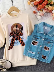 Two-Piece Set Girl's Cartoon Print Button Front Vest Jacket & Long Sleeve Sweatshirt Set, Preppy Style Casual Outfits for Daily Wear, Kids Clothes for Fall & Winter