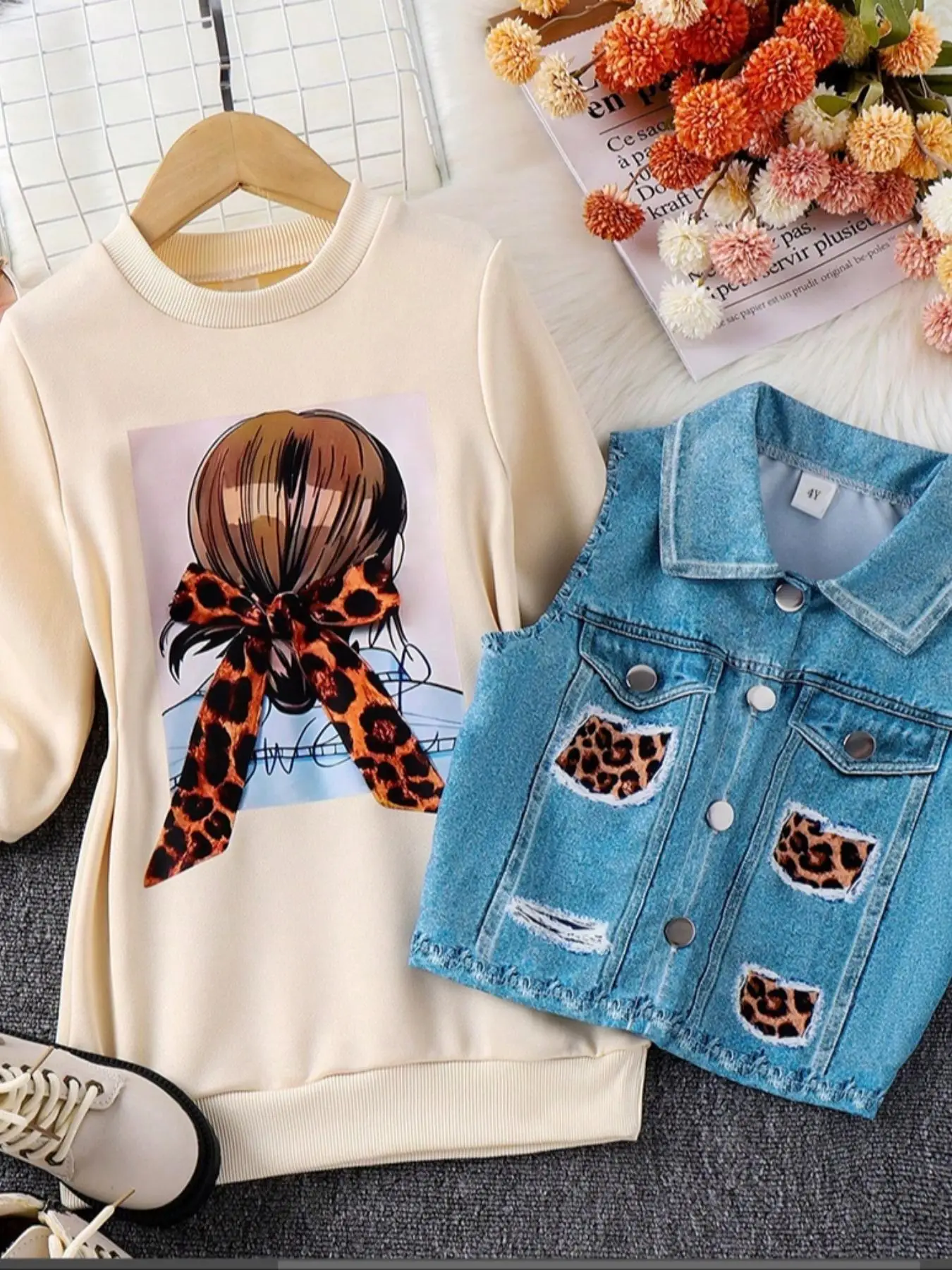 Two-Piece Set Girl's Cartoon Print Button Front Vest Jacket & Long Sleeve Sweatshirt Set, Preppy Style Casual Outfits for Daily Wear, Kids Clothes for