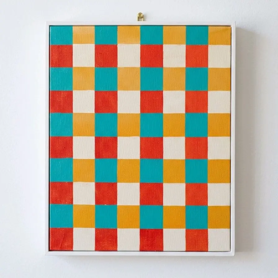 Gingham Checkered Wall Fine Art Print - Modern Mid-Century Retro Geometric Vibrant Teal, Orange & Ochre Home Decor