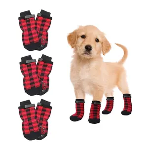 4 Pack Anti-Slip Dog Socks, Christmas Style with Velcro Fastening, Durable Polyester Paw Protectors for Small Medium Large Dogs