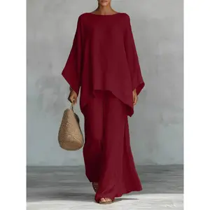 Women's 2-Piece Minimalist Basic Clothes Set - Simple Loose-Fit Shirt, Wide-Leg Pants, Comfortable Casual, Ideal for Daily Wear