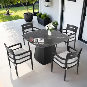 5-Piece Outdoor Pedestal Dining Set, 44" Rounded Square Sintered Stone Table with Flared Base and 4 Armchairs, Sunbrella Cushions, Rust-Free Aluminum, Weather-Resistant, for Patio or Deck