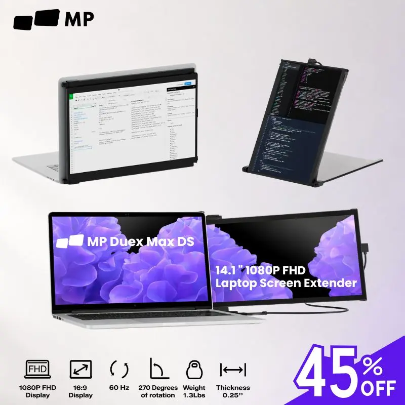Mobile Pixels Duex Max DS 14.1'' FHD 1080P Laptop Screen Extender, 1.8lbs Ultra-Slim Portable Monitor for 14"-17.3" Laptop, Plug & Play Travel Dual Screen Compatible with mac/Windows/Apple/Android/Switch