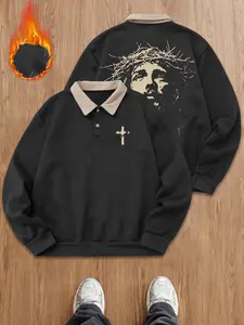 Men's Fall Winter Cross Pattern Graphic Print Polo Neck Long Sleeve Sweatshirt, Casual Outdoor Versatile Pullover, Half Button Design, Fitted Style