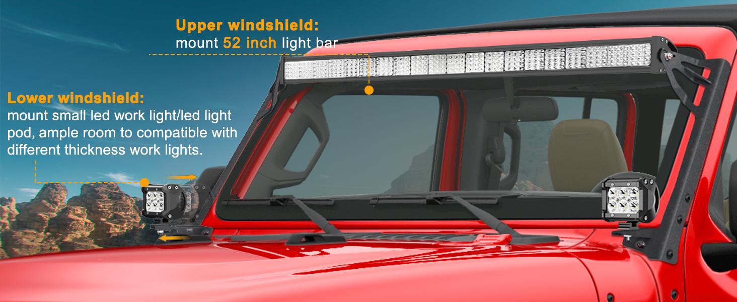 Nilight Upper Windshield Frame Mounting Bracket A-pillar Mounts for 52 Inch Light Bar and LED Pod Lamp on Wrangler JK 2007 2008 2009 2010 2011 2012 2013 2014 2015 2016 2017 2018
