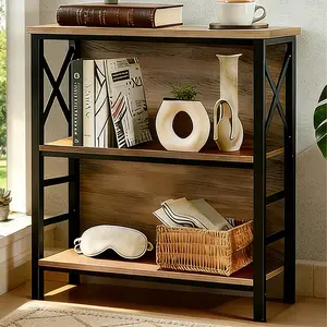 Book Shelf, Small 3-Tier Industrial Bookshelf with Strong Metal Frame & Backboard, 29.5" Short Bookcase for Small Spaces, Living Room, Bedroom and Home Office, Brown