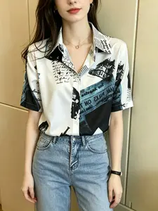 2026 French Luxury Satin Newspaper Print Shirt, Unique Design Stand Collar Slimming Short Sleeve Shirt for Women, Fashionable and Stylish