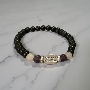 One Day at a Time charm Obsidan, Rose Quartz and Amethyst crystal bracelet