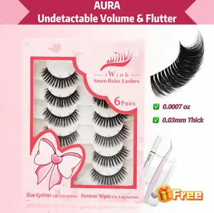 iWink Aura Lashes Ultralight Natural Look Full Volume Fluffy 6 Pairs with Free Glue Eyeliner for Everyday Glam & Special Occasions 0.05mm Ultra-thin Band soft fluffy wispy faux pro lash extension full  strip  lashes bridge  view