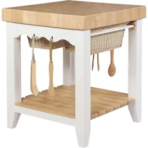 HomeStock Kitchen Island, Farmhouse Fresh Square Kitchen Island with Butcher Block Top 30 W x 30 D x 3638 H White and Natural, compact furniture for apartments and small kitchens