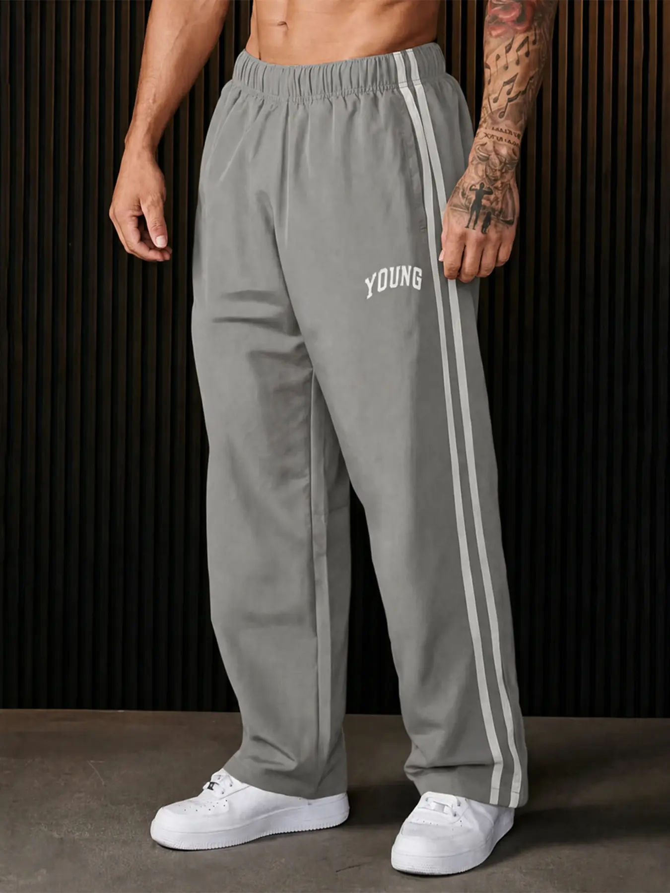 Men's Letter & Striped Print Pants, Regular Fit Casual Comfy Breathable Pants for Outdoor Daily Wear, Men's Trousers for All Seasons, Menswear Baggy Wide Leg Sweatpants summervibes,bottoms,multi-pocket,cargo pant,comfortable,durable,des,three-piece,set,