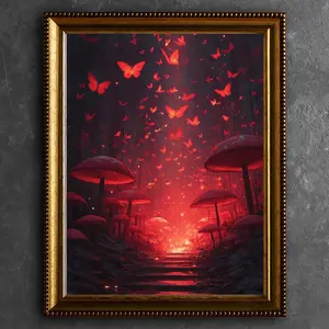Glowing Red Mushrooms and Butterflies, Mystical Forest Path Wall Art, Arcane Botanica Nature Print, Moody Witchy Fantasy Decor, Unframed