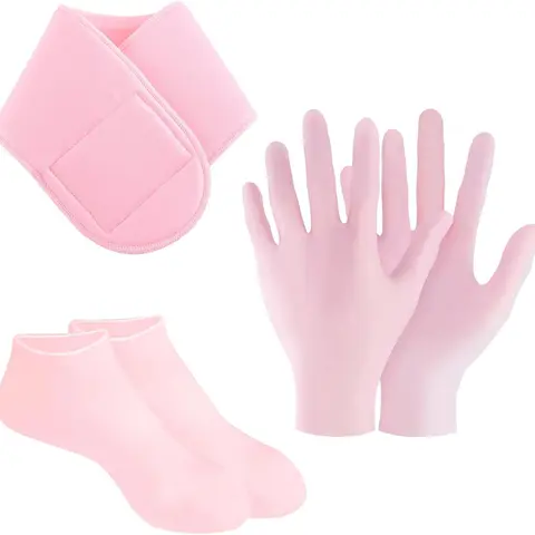 3 Piece Moisturizing Glove Socks Neck Strap Set,Silicone Neck Mask for Reducing Necklines,Silicone Gel Spa Socks for Dry Cracked Skin,Silicone Gel Heel Socks Slip,for Foot Hand Softening Nail Aloe