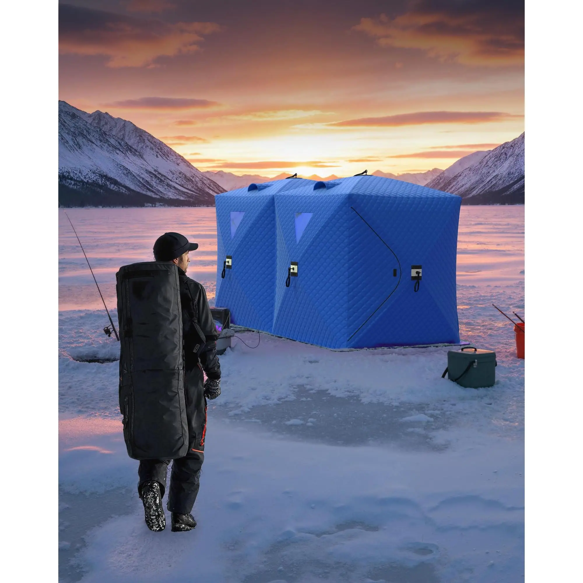 Insulated Pop Up Ice Fishing Tent for 6-8 Anglers, Windproof 210D Oxford Fabric Hub Shelter, Heavy Duty Portable Fish House with Carry Bag, Anchors and Ropes