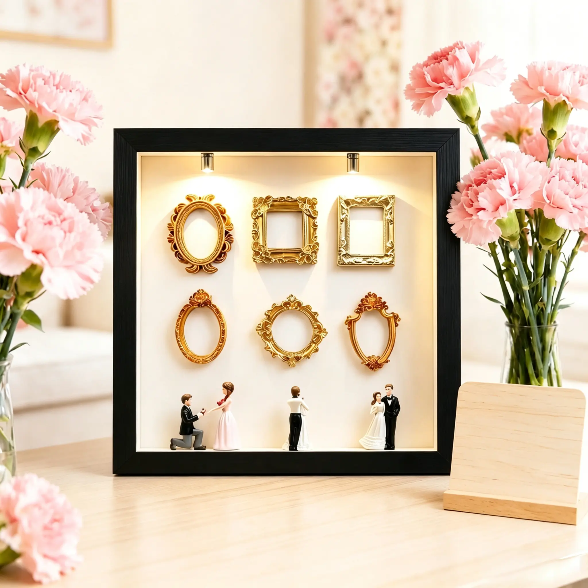 LED Lighted Shadow Box Memory Frame Wedding Couple Mini Figurines Vintage Gold Mini Photo Frame Display Box Romantic Keepsake Decor Gift For Anniversary Engagement Valentine Wedding Tabletop Home Decor