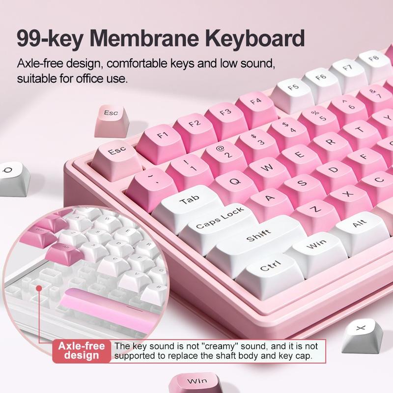 AULA F3099 three-mode wireless keyboard, 99 keys, RGB lighting effect, multi-function knob, light tone film design, compatible with Windows/Mac/iOS system, compatible with computers, notebook computers and mobile phones.