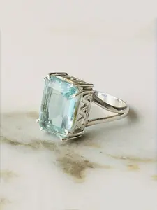 Vintage Bohemian Silvery Rectangular Imitation Aquamarine Ring, Cubic Zirconia Rings | Inlaid Synthetic Cubic Zirconia | Women's Single Ring, Birthstone Ring, Engagement Anniversary Commemorative Jewelry Gift