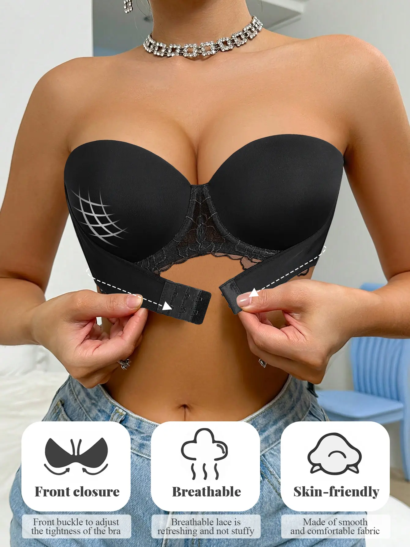 Women's Strapless Bras Lace Push Up Bandeau Bra Front Closure Underwire Lift Anti-Sagging, Anti-Slip, Side Support, Removable Straps, Everydaybra Essential, Summer Outfits, SummerWins, DealsForYouDays